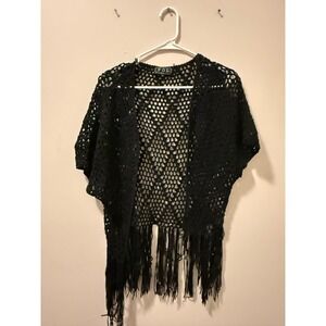 POL Black Crochet Fringe Kimono Cardigan Shawl Women S